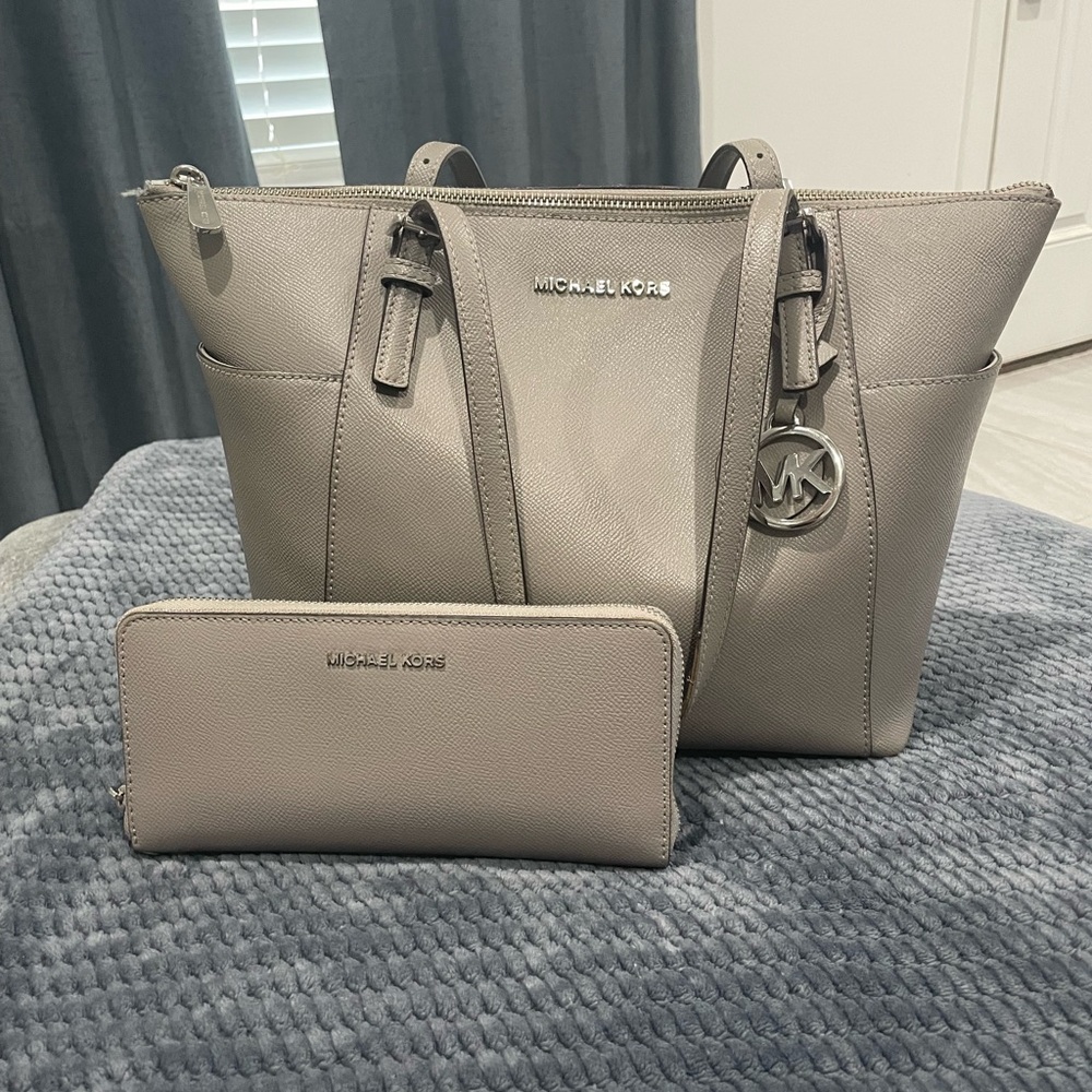 Michael Kors Gray Saffiano Leather Tote with MK Charm